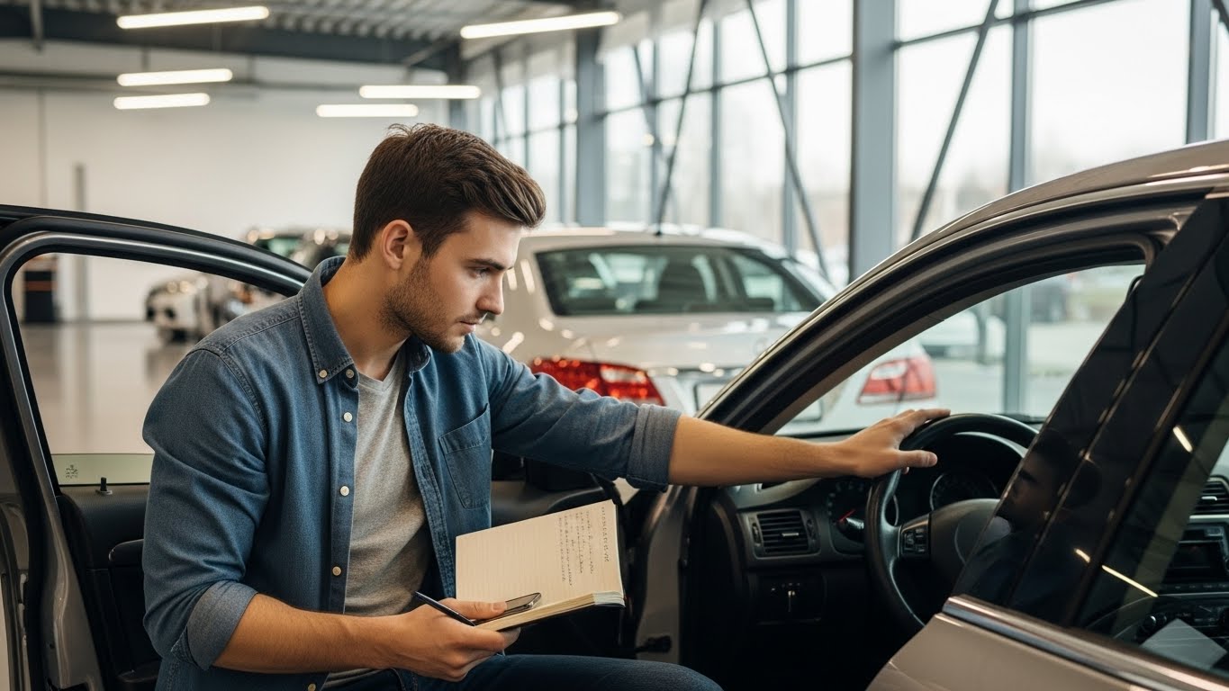 خریدار در حال بررسی خودرو دسته دوم در اتوگالری