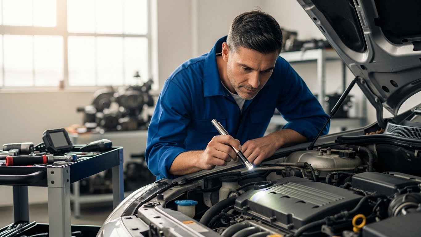 کارشناس در حال بررسی فنی خودرو دست دوم