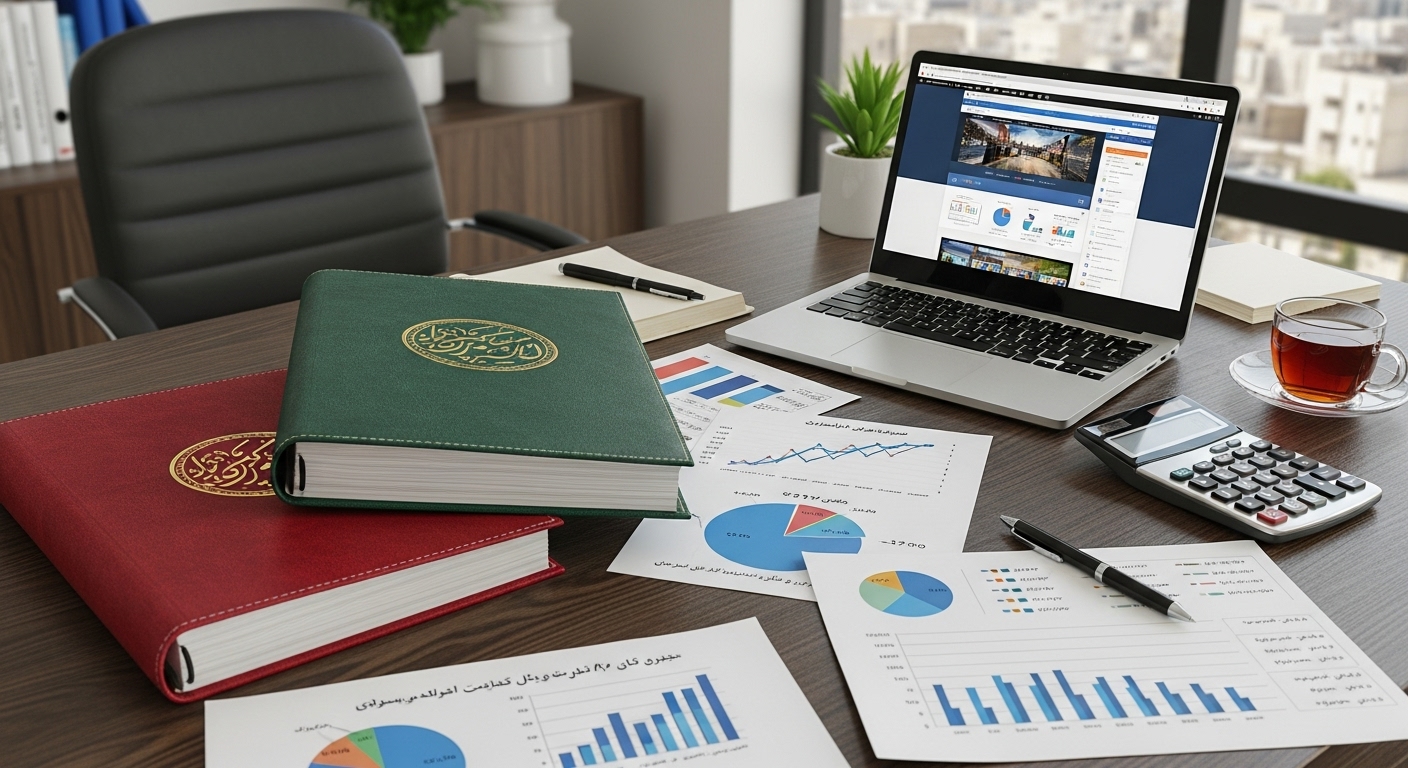 محاسبه هزینه طراحی سایت با نمودارها و لپ‌تاپ روی میز کار